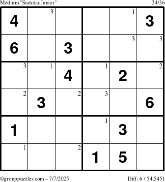 The grouppuzzles.com Medium Sudoku-Junior puzzle for Monday July 7, 2025 with the first 3 steps marked