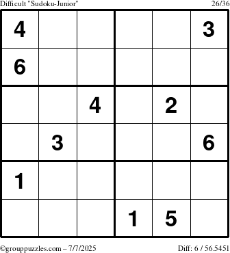 The grouppuzzles.com Difficult Sudoku-Junior puzzle for Monday July 7, 2025