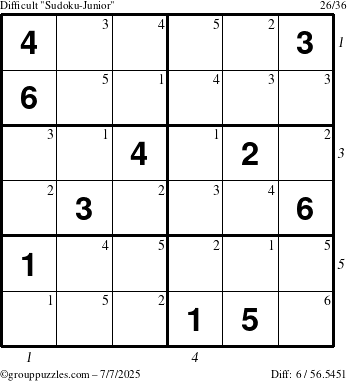 The grouppuzzles.com Difficult Sudoku-Junior puzzle for Monday July 7, 2025 with all 6 steps marked