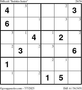 The grouppuzzles.com Difficult Sudoku-Junior puzzle for Monday July 7, 2025 with the first 3 steps marked
