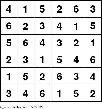 The grouppuzzles.com Answer grid for the Sudoku-Junior puzzle for Monday July 7, 2025