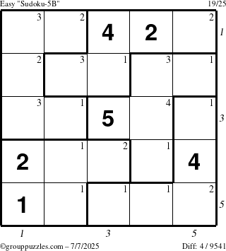 The grouppuzzles.com Easy Sudoku-5B puzzle for Monday July 7, 2025 with all 4 steps marked