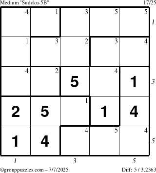 The grouppuzzles.com Medium Sudoku-5B puzzle for Monday July 7, 2025 with all 5 steps marked