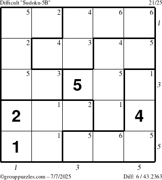 The grouppuzzles.com Difficult Sudoku-5B puzzle for Monday July 7, 2025 with all 6 steps marked