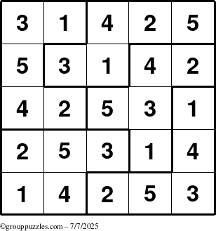 The grouppuzzles.com Answer grid for the Sudoku-5B puzzle for Monday July 7, 2025