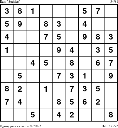 The grouppuzzles.com Easy Sudoku puzzle for Monday July 7, 2025