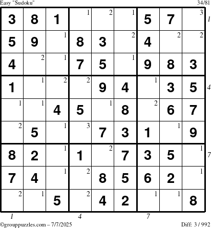 The grouppuzzles.com Easy Sudoku puzzle for Monday July 7, 2025 with all 3 steps marked