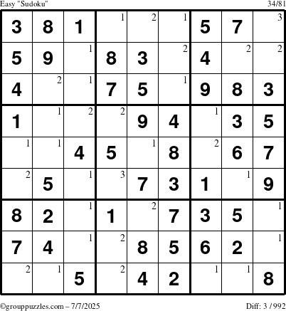 The grouppuzzles.com Easy Sudoku puzzle for Monday July 7, 2025 with the first 3 steps marked