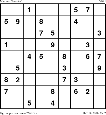The grouppuzzles.com Medium Sudoku puzzle for Monday July 7, 2025