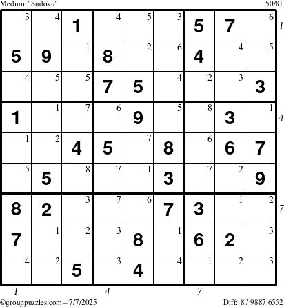 The grouppuzzles.com Medium Sudoku puzzle for Monday July 7, 2025 with all 8 steps marked