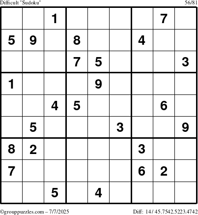The grouppuzzles.com Difficult Sudoku puzzle for Monday July 7, 2025