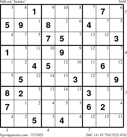 The grouppuzzles.com Difficult Sudoku puzzle for Monday July 7, 2025 with all 14 steps marked