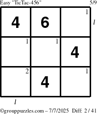 The grouppuzzles.com Easy TicTac-456 puzzle for Monday July 7, 2025 with all 2 steps marked