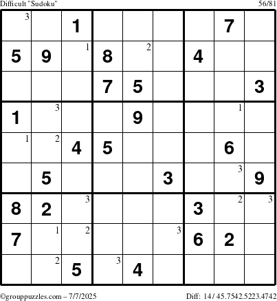 The grouppuzzles.com Difficult Sudoku puzzle for Monday July 7, 2025 with the first 3 steps marked