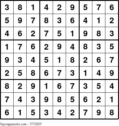 The grouppuzzles.com Answer grid for the Sudoku puzzle for Monday July 7, 2025