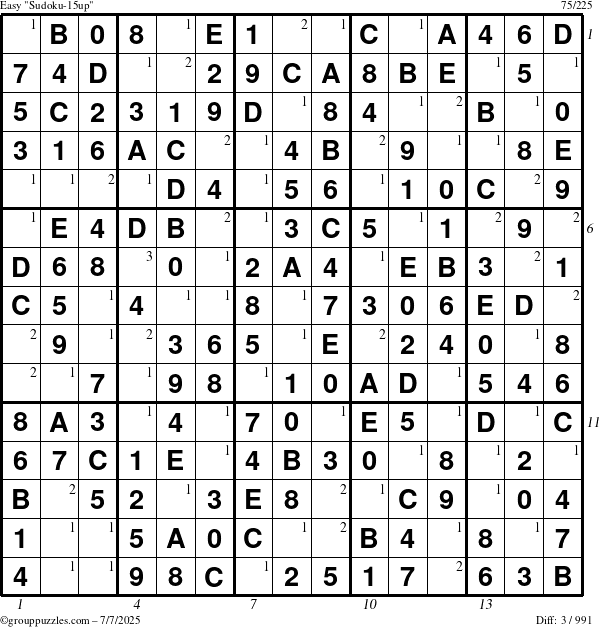 The grouppuzzles.com Easy Sudoku-15up puzzle for Monday July 7, 2025 with all 3 steps marked