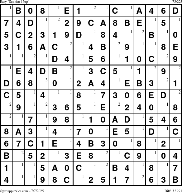 The grouppuzzles.com Easy Sudoku-15up puzzle for Monday July 7, 2025 with the first 3 steps marked