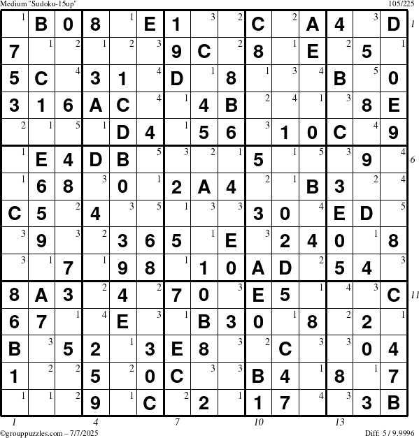 The grouppuzzles.com Medium Sudoku-15up puzzle for Monday July 7, 2025 with all 5 steps marked