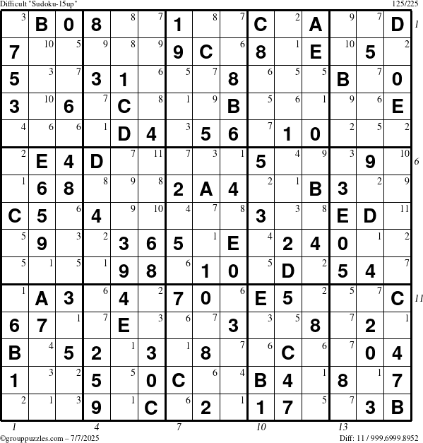 The grouppuzzles.com Difficult Sudoku-15up puzzle for Monday July 7, 2025 with all 11 steps marked