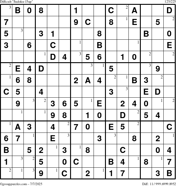 The grouppuzzles.com Difficult Sudoku-15up puzzle for Monday July 7, 2025 with the first 3 steps marked