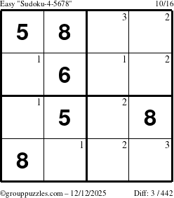 The grouppuzzles.com Easy Sudoku-4-5678 puzzle for Friday December 12, 2025 with the first 3 steps marked