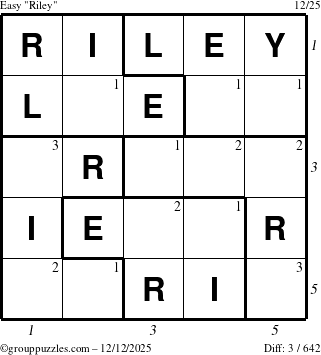 The grouppuzzles.com Easy Riley puzzle for Friday December 12, 2025 with all 3 steps marked
