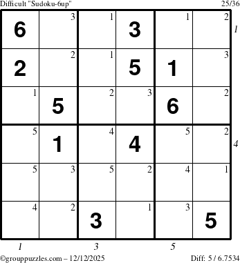 The grouppuzzles.com Difficult Sudoku-6up puzzle for Friday December 12, 2025, suitable for printing, with all 5 steps marked