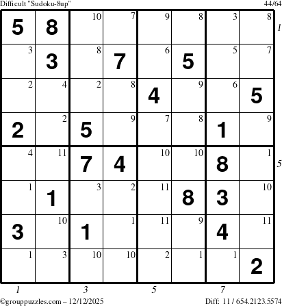 The grouppuzzles.com Difficult Sudoku-8up puzzle for Friday December 12, 2025 with all 11 steps marked
