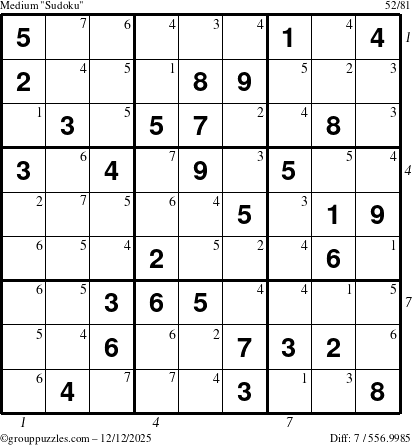 The grouppuzzles.com Medium Sudoku puzzle for Friday December 12, 2025, suitable for printing, with all 7 steps marked