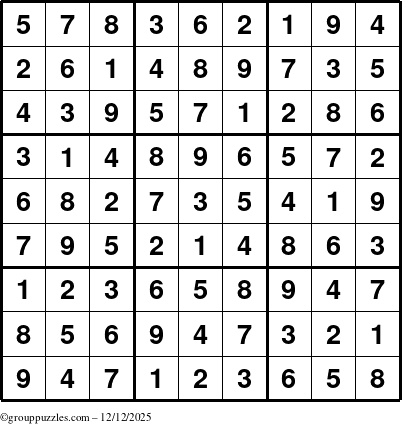 The grouppuzzles.com Answer grid for the Sudoku puzzle for Friday December 12, 2025