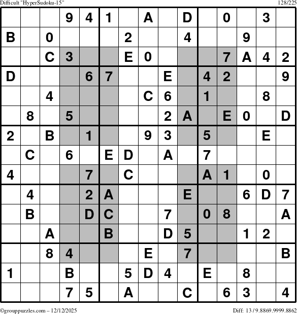The grouppuzzles.com Difficult HyperSudoku-15 puzzle for Friday December 12, 2025