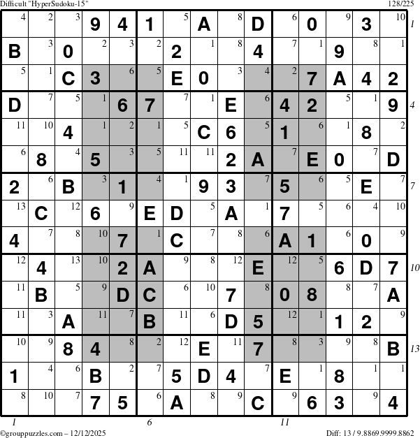 The grouppuzzles.com Difficult HyperSudoku-15 puzzle for Friday December 12, 2025, suitable for printing, with all 13 steps marked