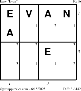 The grouppuzzles.com Easy Evan puzzle for Sunday June 15, 2025 with all 3 steps marked
