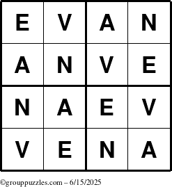 The grouppuzzles.com Answer grid for the Evan puzzle for Sunday June 15, 2025