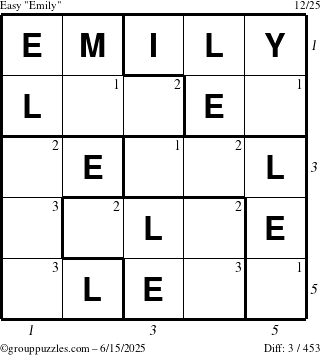 The grouppuzzles.com Easy Emily puzzle for Sunday June 15, 2025, suitable for printing, with all 3 steps marked