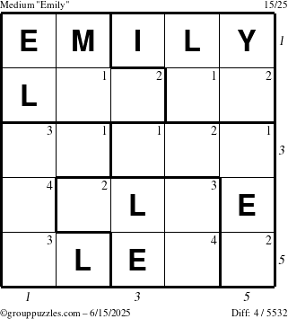 The grouppuzzles.com Medium Emily puzzle for Sunday June 15, 2025, suitable for printing, with all 4 steps marked