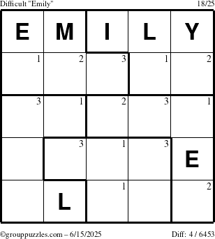 The grouppuzzles.com Difficult Emily puzzle for Sunday June 15, 2025 with the first 3 steps marked