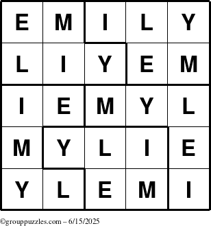 The grouppuzzles.com Answer grid for the Emily puzzle for Sunday June 15, 2025