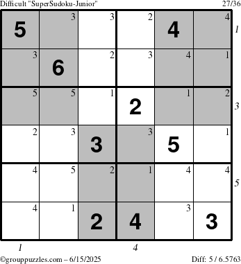 The grouppuzzles.com Difficult SuperSudoku-Junior puzzle for Sunday June 15, 2025 with all 5 steps marked