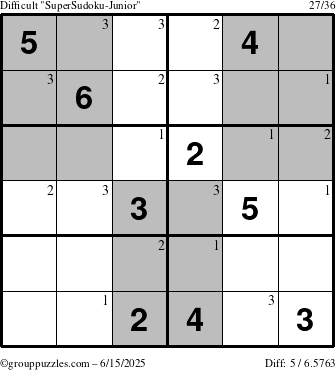 The grouppuzzles.com Difficult SuperSudoku-Junior puzzle for Sunday June 15, 2025 with the first 3 steps marked