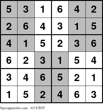 The grouppuzzles.com Answer grid for the SuperSudoku-Junior puzzle for Sunday June 15, 2025