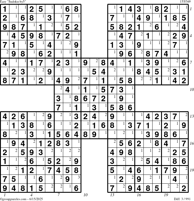 The grouppuzzles.com Easy Sudoku-by5 puzzle for Sunday June 15, 2025 with all 3 steps marked