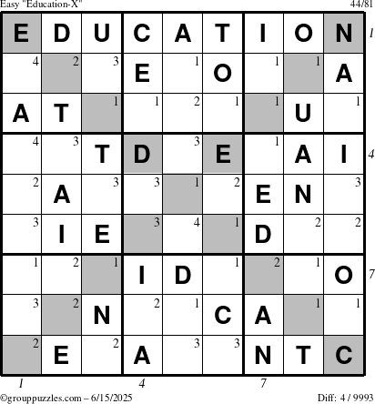 The grouppuzzles.com Easy Education-X puzzle for Sunday June 15, 2025 with all 4 steps marked