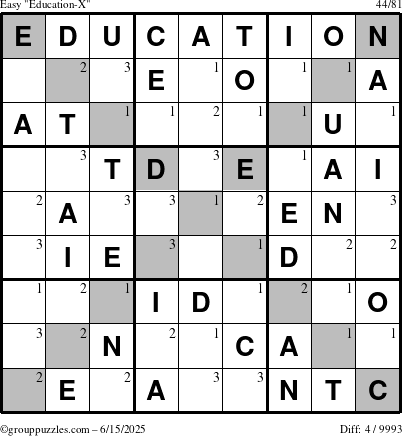 The grouppuzzles.com Easy Education-X puzzle for Sunday June 15, 2025 with the first 3 steps marked