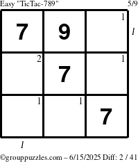 The grouppuzzles.com Easy TicTac-789 puzzle for Sunday June 15, 2025, suitable for printing, with all 2 steps marked