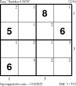 The grouppuzzles.com Easy Sudoku-4-5678 puzzle for Friday January 10, 2025, suitable for printing, with all 3 steps marked