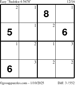 The grouppuzzles.com Easy Sudoku-4-5678 puzzle for Friday January 10, 2025 with the first 3 steps marked