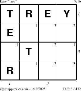 The grouppuzzles.com Easy Trey puzzle for Friday January 10, 2025 with all 3 steps marked