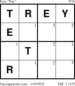 The grouppuzzles.com Easy Trey puzzle for Friday January 10, 2025 with the first 3 steps marked