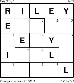 The grouppuzzles.com Easy Riley puzzle for Friday January 10, 2025 with the first 3 steps marked